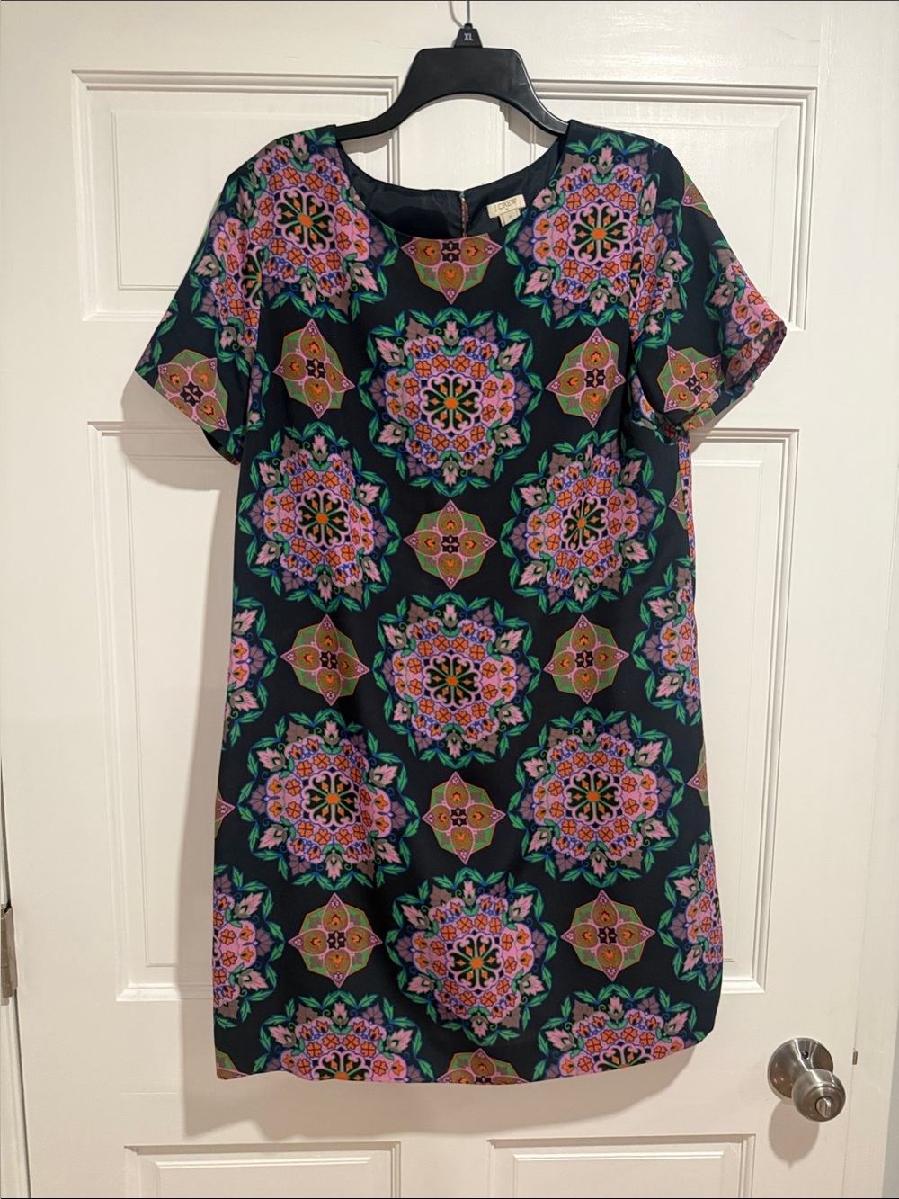 J. Crew Navy Shift Dress with Purple, Pink and Green Medallion Print